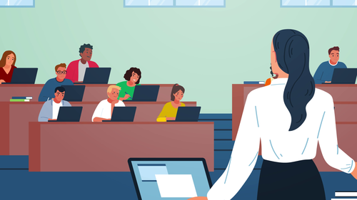 Dekorativ: Eine lehrende Person ist von hinten zusehen, wie sie vor einem Kurs im Hörsaal steht.